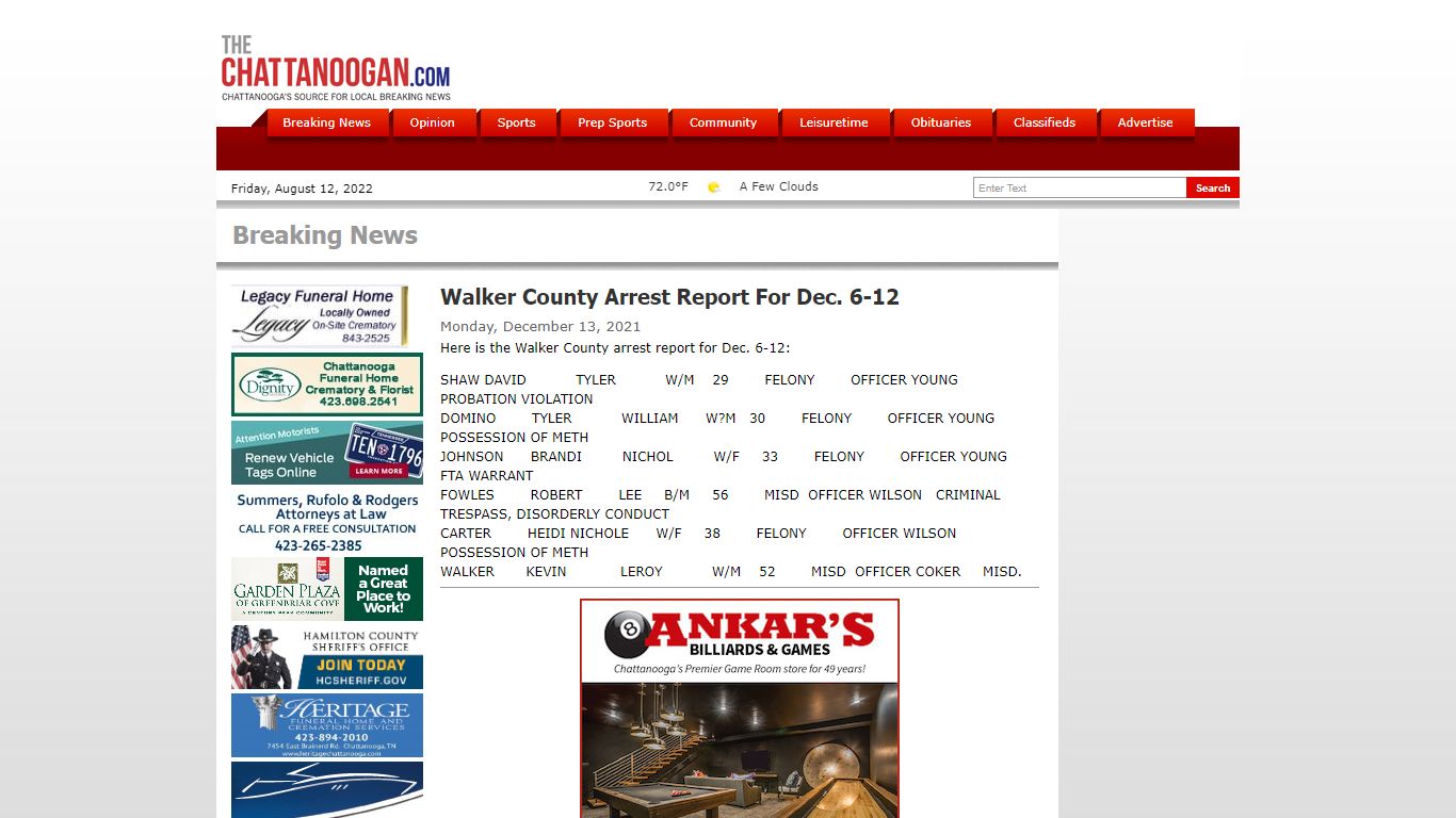 Walker County Arrest Report For Dec. 6-12 - Chattanoogan.com